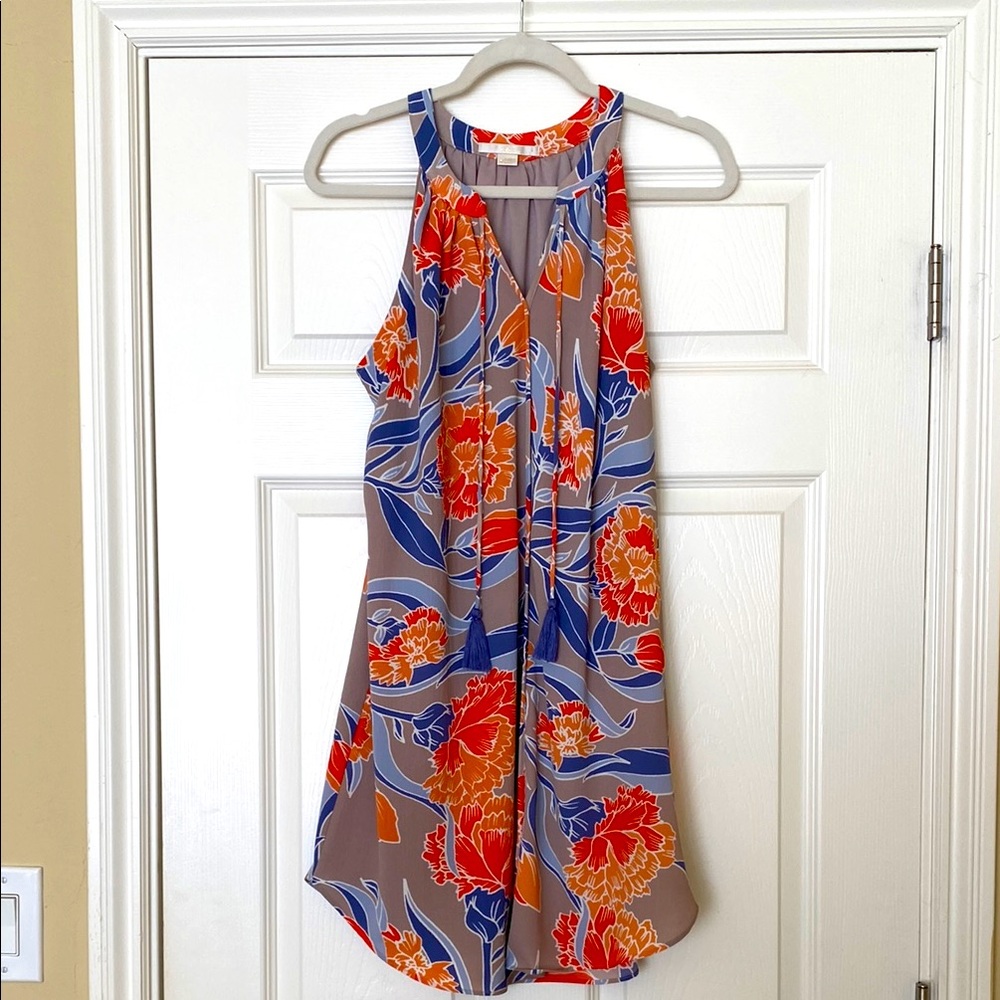 Floral Sleeveless sundress with Orange and Blue Design. Size M